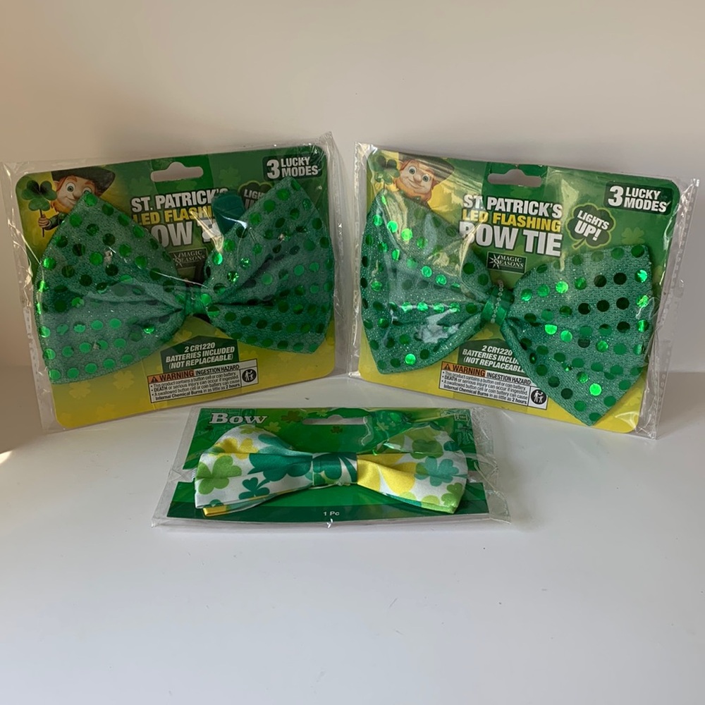 Green Bow Tie with LED Flashing Lights 3 Lucky Modes QTY 2 and 1 Regular Bow Tie